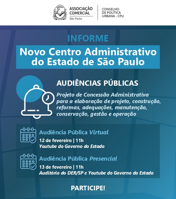 Audiências Públicas para o Novo Centro Administrativo de São Paulo
Participe da construção do futuro de São Paulo!