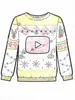 A hand-drawn colored sketch of a white holiday "ugly sweater" on a plain background. The sweater features a prominent pink YouTube play button icon in the center, draped with a string of multicolored Christmas lights.