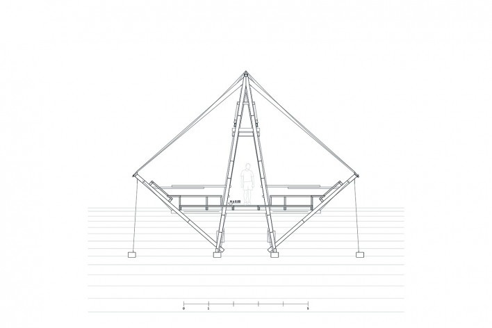 Mirador Aula, sección, Bosque Protector Cerro Blanco, Guayaquil, Ecuador, 2022. Arquitectos David Barragán, Pascual Gangotena, Maríaluisa Borja y Esteban Benavides (autores) / Al Borde<br />Imagen divulgación/ disclosure image  [Al Borde]