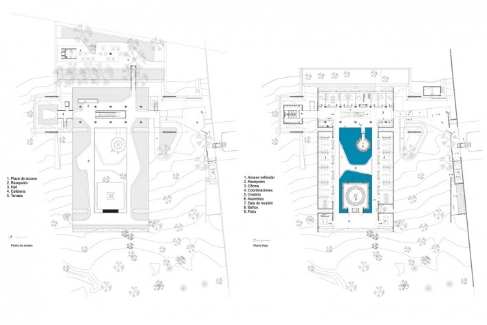 Casa Pastoral Monseñor Juan Sinforiano Bogarín — Conferencia Episcopal Paraguaya, plano acceso y planta baja, Asunción, Paraguay, 2020. Arquitectos Nicolás Berger, Giacomo Favilli y Sergio Ruggeri (autores)<br />Imagen divulgación 