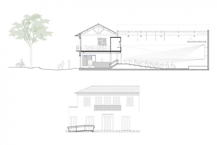 Cinema da Praça, corte e elevação frontal, Paraty RJ, 2018. Arquitetos Luís Tavares e Marinho Velloso (autores) / Arquipélago Arquitetos<br />Imagem divulgação  [Arquipélago Arquitetos]