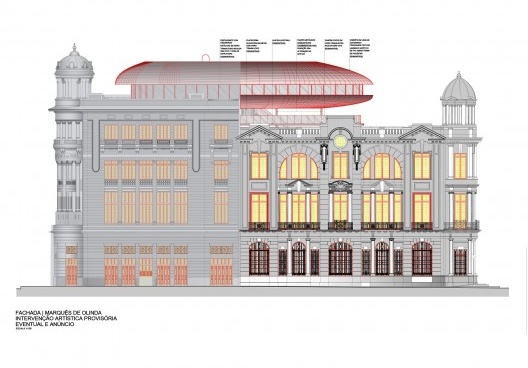 Projeto de "intervenção artística provisória" no edifício REC Cultural, Avenida Rio Branco 23, Bairro do Recife, Recife PE, 15 fev. 2024. Arquiteto José Bernardino Pereira dos Santos Filho<br />Imagem do projeto  [Processo em tramitação no Iphan]