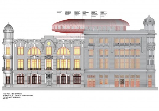 Projeto de "intervenção artística provisória" no edifício REC Cultural, Avenida Rio Branco 23, Bairro do Recife, Recife PE, 15 fev. 2024. Arquiteto José Bernardino Pereira dos Santos Filho<br />Imagem do projeto  [Processo em tramitação no Iphan]