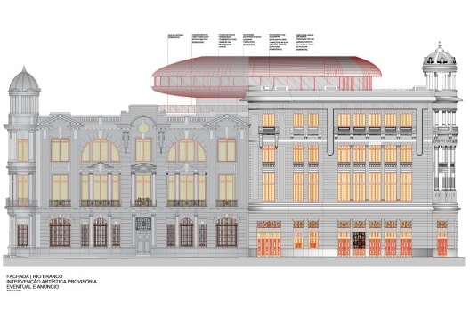 Projeto de "intervenção artística provisória" no edifício REC Cultural, Avenida Rio Branco 23, Bairro do Recife, Recife PE, 15 fev. 2024. Arquiteto José Bernardino Pereira dos Santos Filho<br />Imagem do projeto  [Processo em tramitação no Iphan]