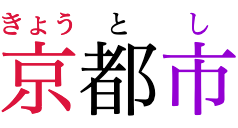 “Kyoto City” written in horizontal Japanese,
					with phonetic annotations over each of the three characters.
					At 33% of the base font size,
					annotations are small enough to fit their base character,
					and are aligned to it.