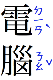 A Chinese word composed of two characters, written vertically.
					To the right of each character,
					phonetic annotations appear,
					written vertically.